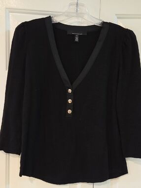 White House Black Market Black V-Neck 3/4 Sleeve Top with Buttons